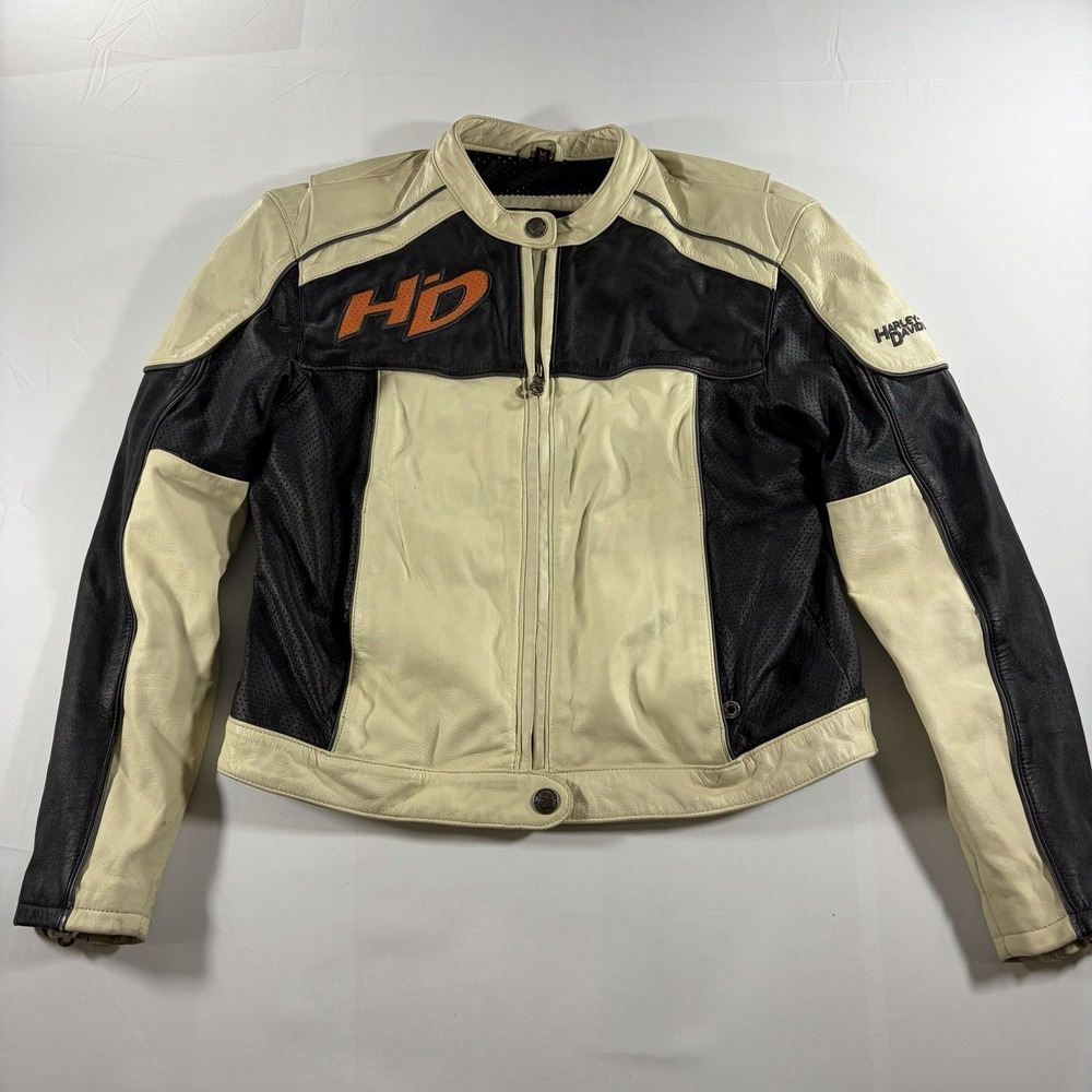 Harley Davidson Womens Leather Mesh Riding Jacket Cream Black Orange HD Medium M